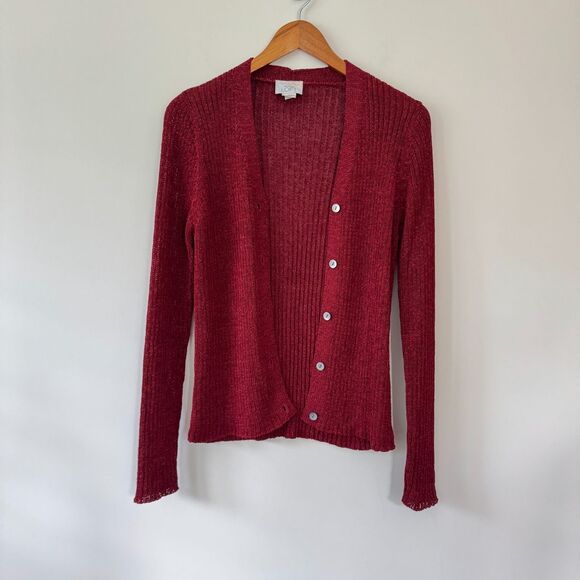 Ann Taylor LOFT Burgundy Ribbed Knit Cardigan Size Medium - Picture 3 of 6